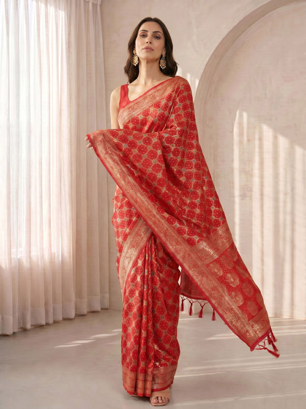 Red Cotton-Silk Saree with Ethnic Motifs & Zari Border