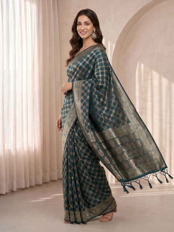 Turquoise Blue Cotton-Silk Saree with Zari Border