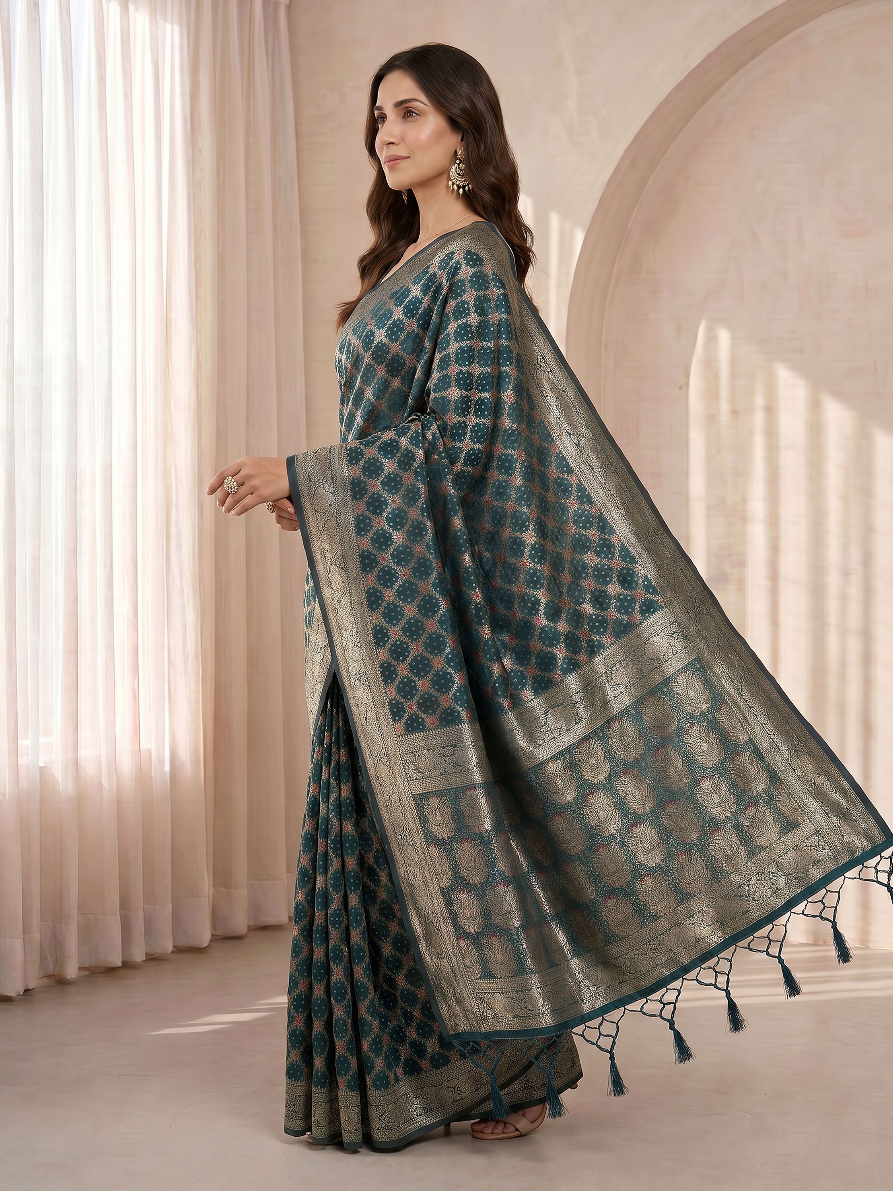 Women's Turquoise Blue Cotton-Silk Ethnic Motifs Saree With Unstitched Blouse Piece