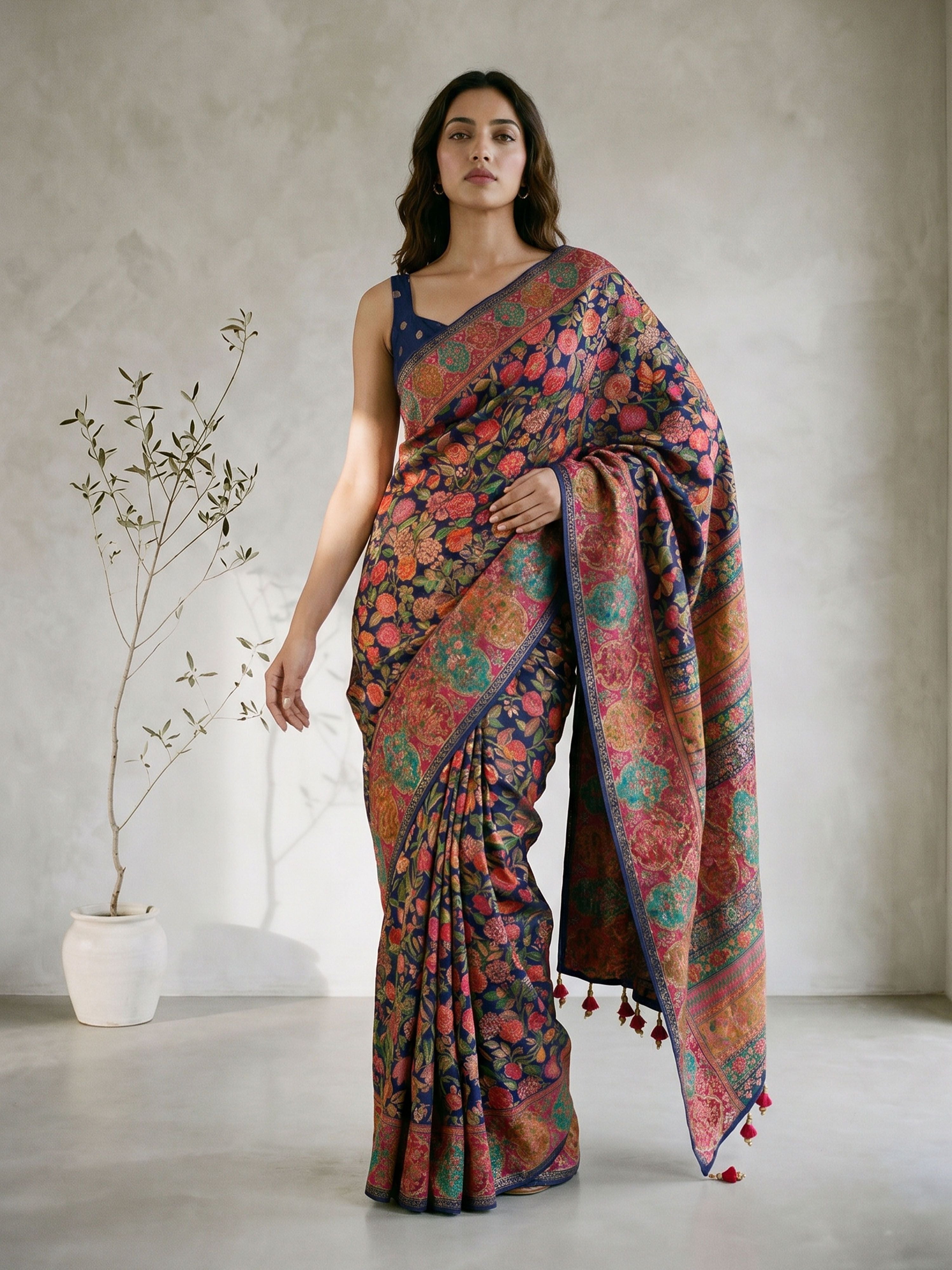 Navy Blue Moonga Silk Saree with Ethnic Motifs & Tassels