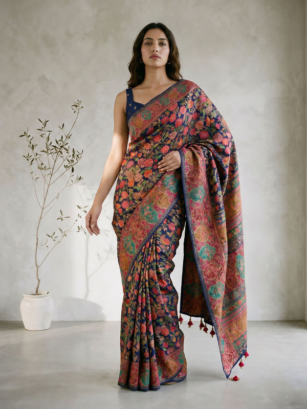 Navy Blue Moonga Silk Saree with Ethnic Motifs & Tassels