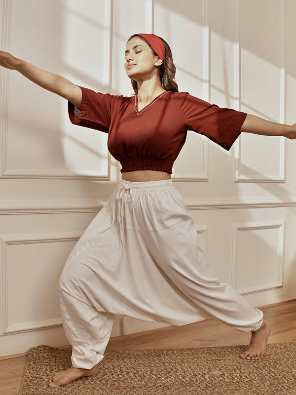 Women's Maroon Cambric Cotton Crop Top With White Cotton Lycra Harem Pants Yoga Set