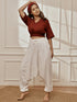 Women's Maroon Cambric Cotton Crop Top With White Cotton Lycra Harem Pants Yoga Set