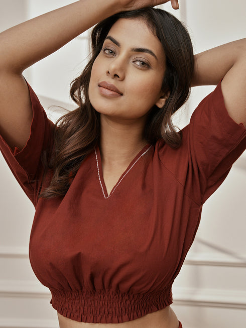 Women's Maroon Cambric Cotton Crop Top With Matching Joggers Yoga Set