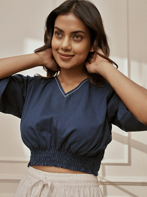 Women's Navy Blue Cambric Cotton Crop Top With White Cotton Lycra Harem Pants Yoga Set