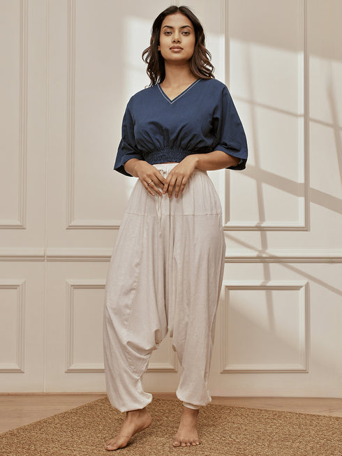 Women's Navy Blue Cambric Cotton Crop Top With White Cotton Lycra Harem Pants Yoga Set