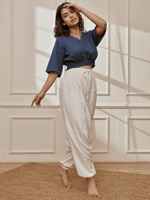 Women's Navy Blue Cambric Cotton Crop Top With White Cotton Lycra Harem Pants Yoga Set