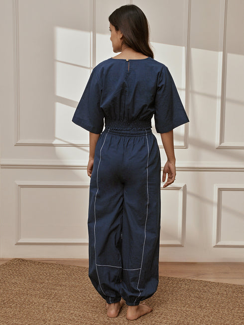 Women's Navy Blue Cambric Cotton Crop Top With Matching Joggers Yoga Set