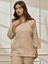 Women Beige Linen Cotton Round Neck Embroidered Yoga Top