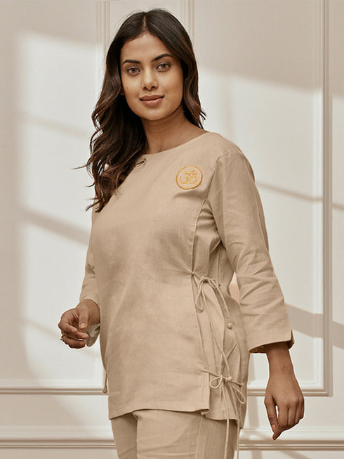 Women Beige Linen Cotton Round Neck Embroidered Yoga Top