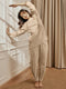 Women Beige Linen Cotton Three-Quarter Sleeves Top with Matching Straight Pants Yoga Set