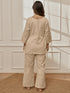 Women Beige Linen Cotton Three-Quarter Sleeves Top with Matching Straight Pants Yoga Set
