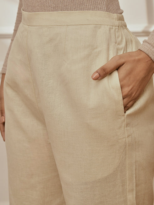 Women Beige Linen Cotton Three-Quarter Sleeves Top with Matching Straight Pants Yoga Set