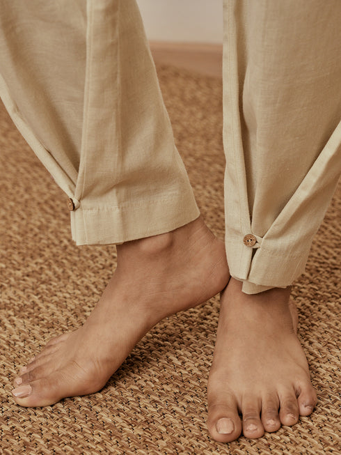 Women Beige Linen Cotton Three-Quarter Sleeves Top with Matching Straight Pants Yoga Set