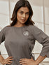 Women Grey Linen Cotton Round Neck Embroidered Yoga Top