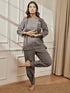 Women Grey Linen Cotton Three-Quarter Sleeves Top with Matching Straight Pants Yoga Set