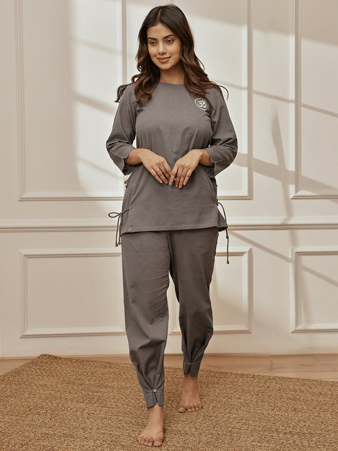 Women Grey Linen Cotton Three-Quarter Sleeves Top with Matching Straight Pants Yoga Set