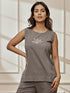 Women's Grey Linen Cotton Sleeveless Embroidered Yoga Top