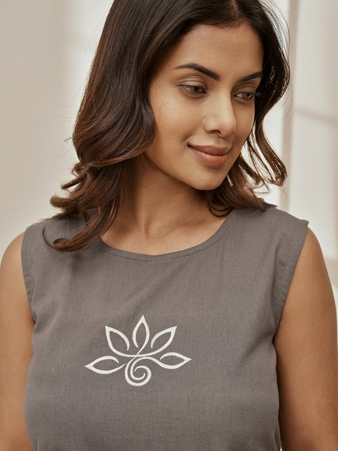 Women's Grey Linen Cotton Sleeveless Embroidered Yoga Top