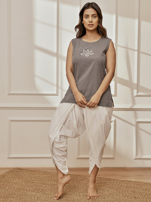 Women's Grey Embroidered Yoga Kurta With White Dhoti Pants