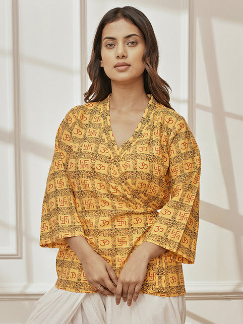 Women Yellow Printed Cotton Shawl Collar Wrap Yoga Top