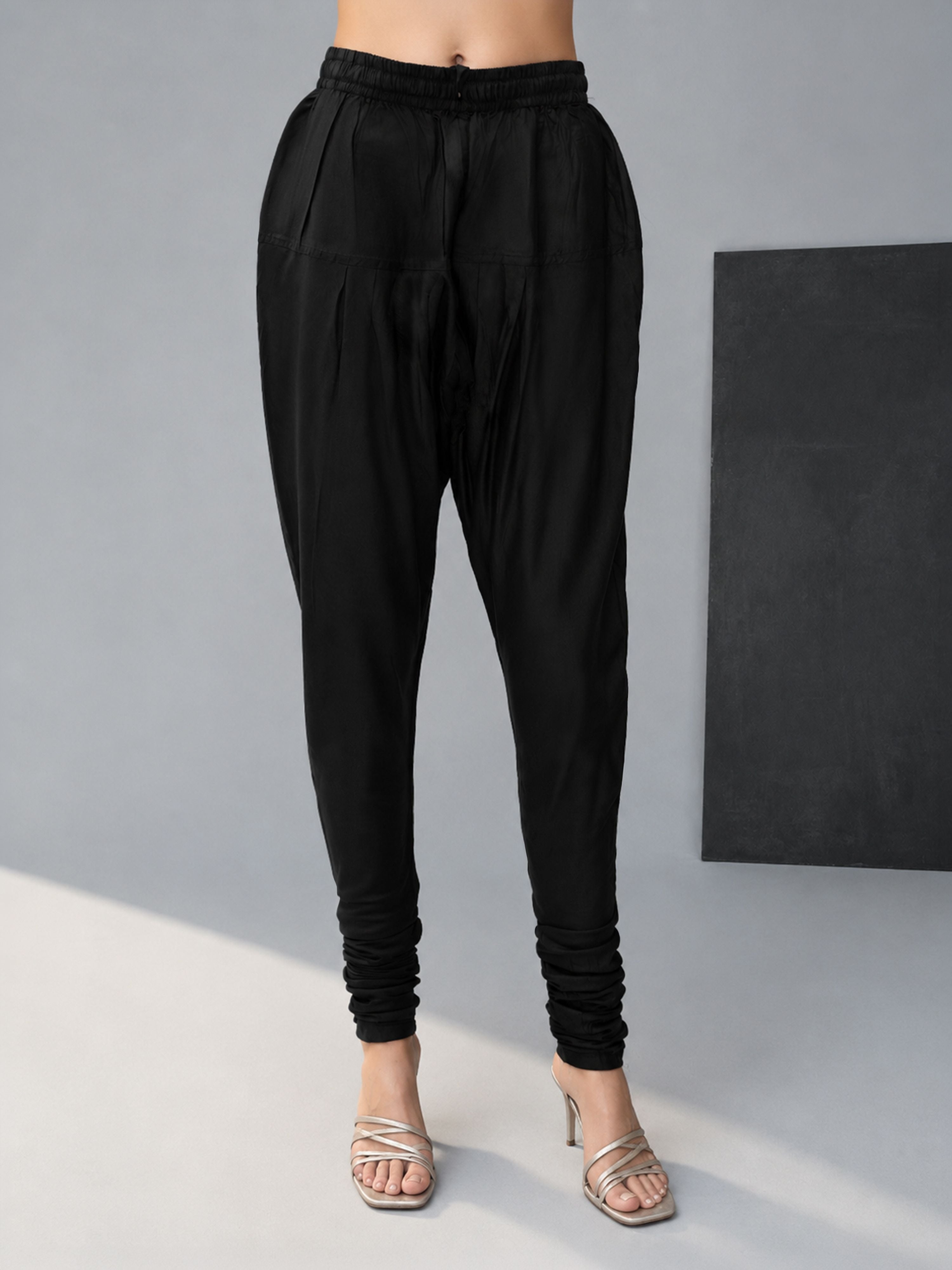 Women Black Viscose Solid Churidar Pants Regular Fit