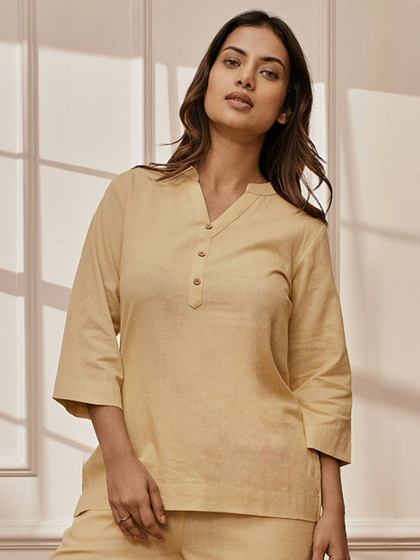 Women's Chiku Cotton Linen Band Collar Yoga Kurta