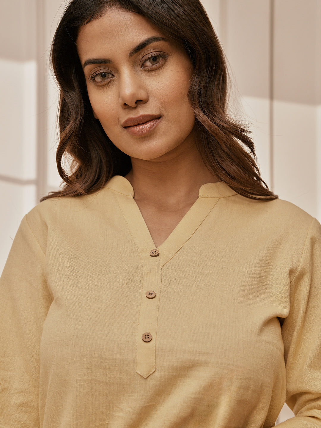 Women's Chiku Cotton Linen Band Collar Yoga Kurta