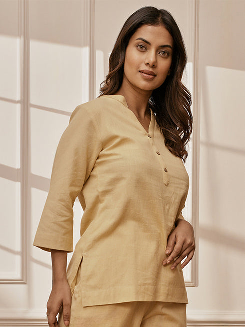 Women's Chiku Cotton Linen Band Collar Yoga Kurta