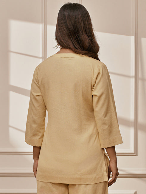 Women's Chiku Cotton Linen Band Collar Yoga Kurta