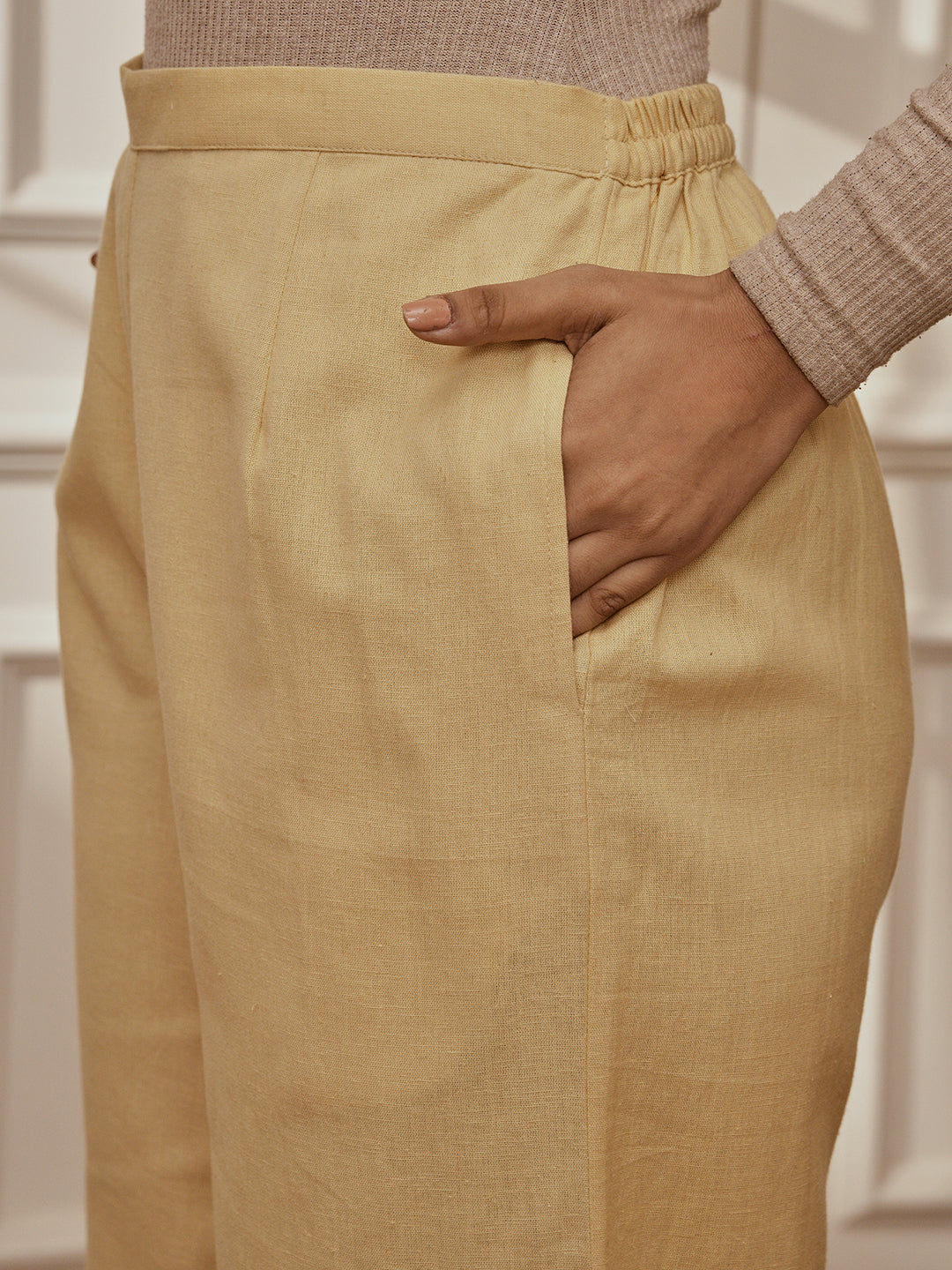 Women Chiku Cotton Linen Three-Quarter Sleeves Yoga Kurta with Straight Pants