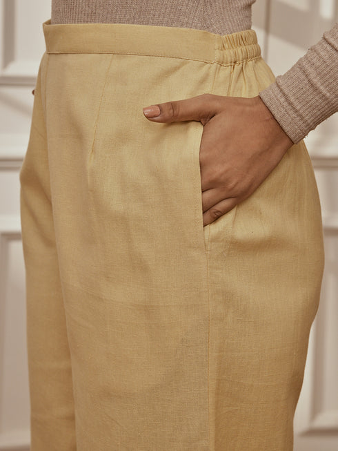 Women Chiku Cotton Linen Three-Quarter Sleeves Yoga Kurta with Straight Pants