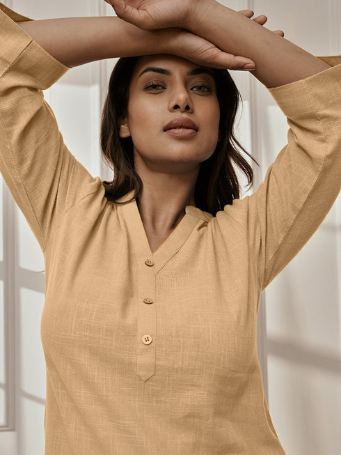 Women's Chiku Cotton Linen Kurta With White Cotton Lycra Harem Pants Yoga Set