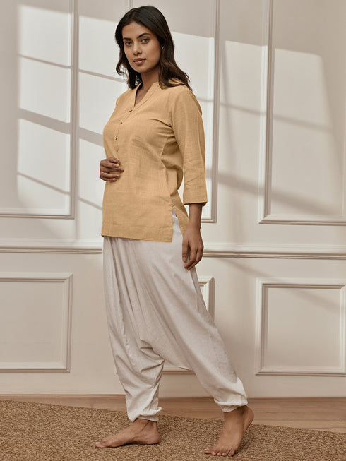 Women's Chiku Cotton Linen Kurta With White Cotton Lycra Harem Pants Yoga Set