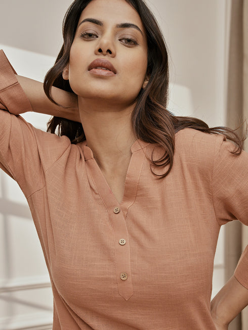 Women Rose Pink Cotton Linen Three-Quarter Sleeves Yoga Kurta with Straight Pants