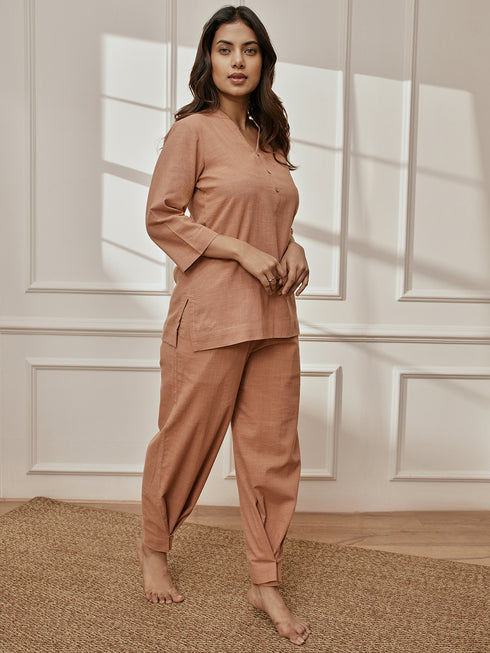 Women Rose Pink Cotton Linen Three-Quarter Sleeves Yoga Kurta with Straight Pants