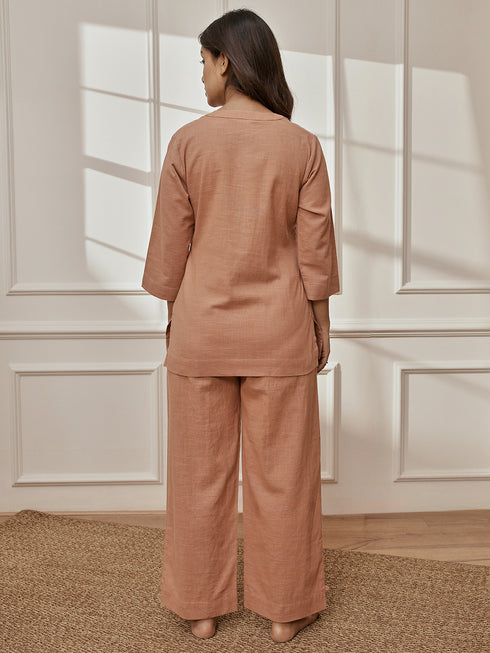 Women Rose Pink Cotton Linen Three-Quarter Sleeves Yoga Kurta with Straight Pants