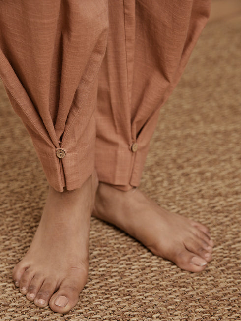 Women Rose Pink Cotton Linen Three-Quarter Sleeves Yoga Kurta with Straight Pants