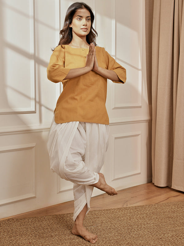 Women's Dusty Saffron Linen Cotton Kurta With White Cambric Dhoti Pants Yoga Set