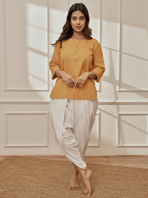 Women's Dusty Saffron Linen Cotton Kurta With White Cambric Dhoti Pants Yoga Set