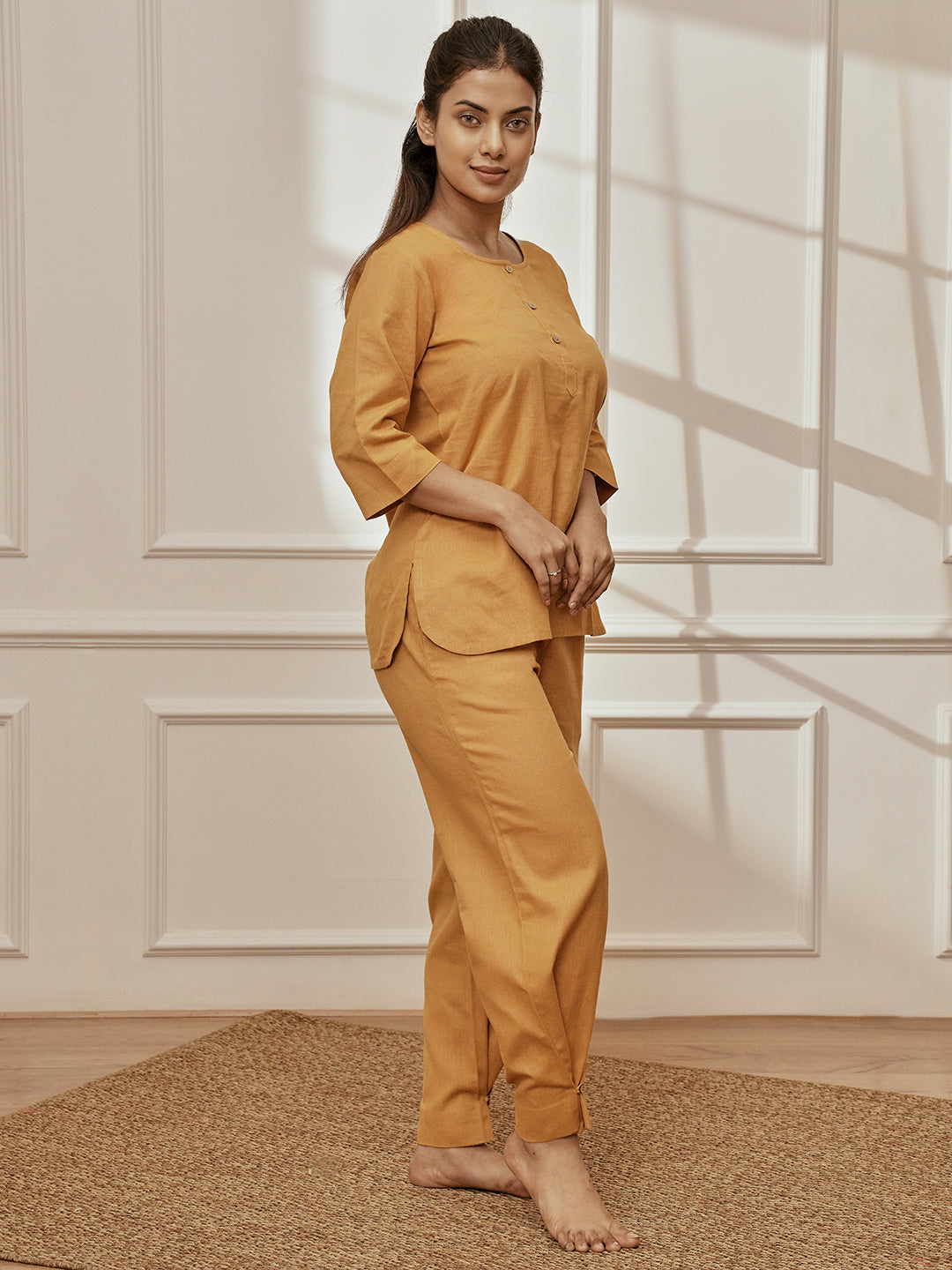 Women's Dusty Saffron Linen Cotton Three-Quarter Sleeves Kurta With Matching Straight Pants