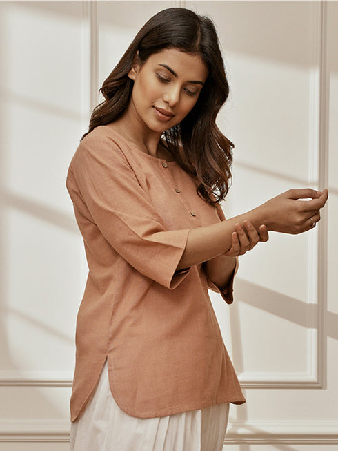 Women Rose Pink Cotton Linen Round Neck Yoga Kurta