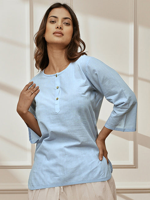 Women Aqua Cambric Cotton Round Neck Yoga Kurta