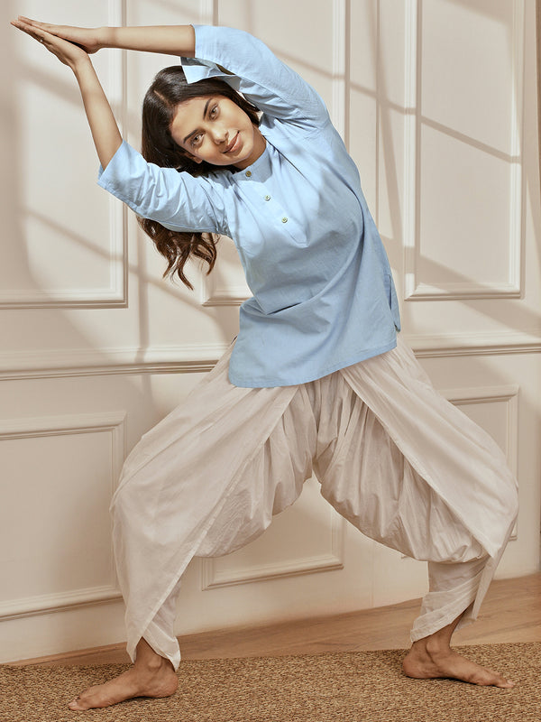 Women's Aqua Cambric Cotton Kurta With White Cambric Dhoti Pants Yoga Set