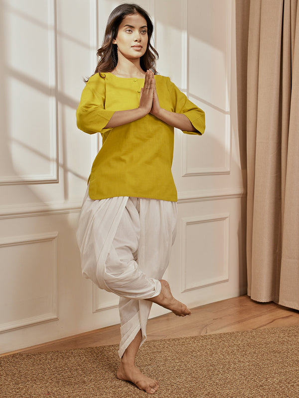 Women's Olive Green Cambric Cotton Kurta With White Cambric Dhoti Pants Yoga Set