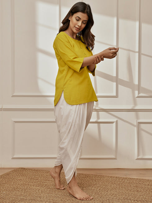 Women's Olive Green Cambric Cotton Kurta With White Cambric Dhoti Pants Yoga Set