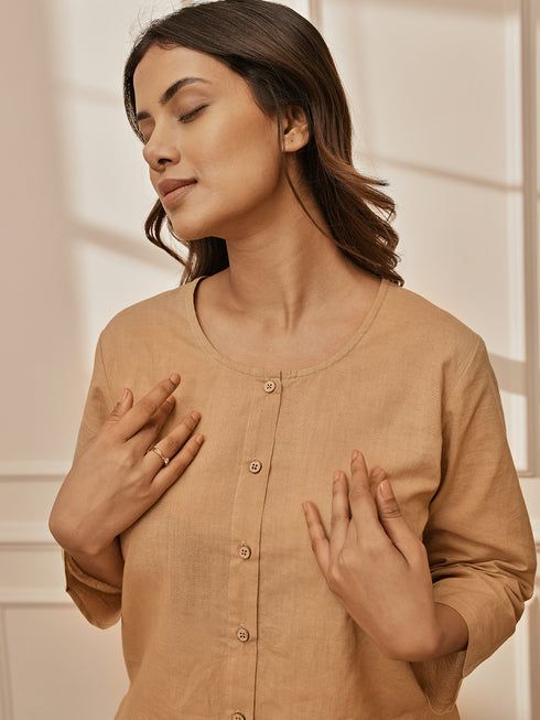 Women's Beige Cambric Cotton Shirt Style Kurta With White Cambric Dhoti Pants Yoga Set