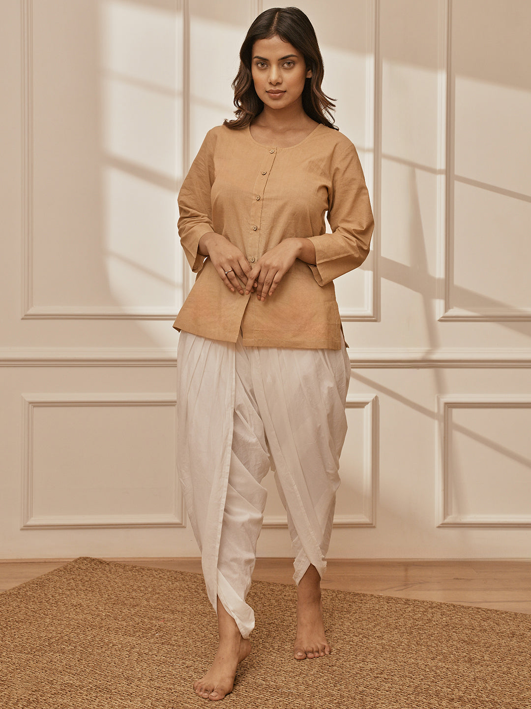 Women's Beige Cambric Cotton Shirt Style Kurta With White Cambric Dhoti Pants Yoga Set
