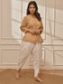 Women's Beige Cambric Cotton Shirt Style Kurta With White Cambric Dhoti Pants Yoga Set