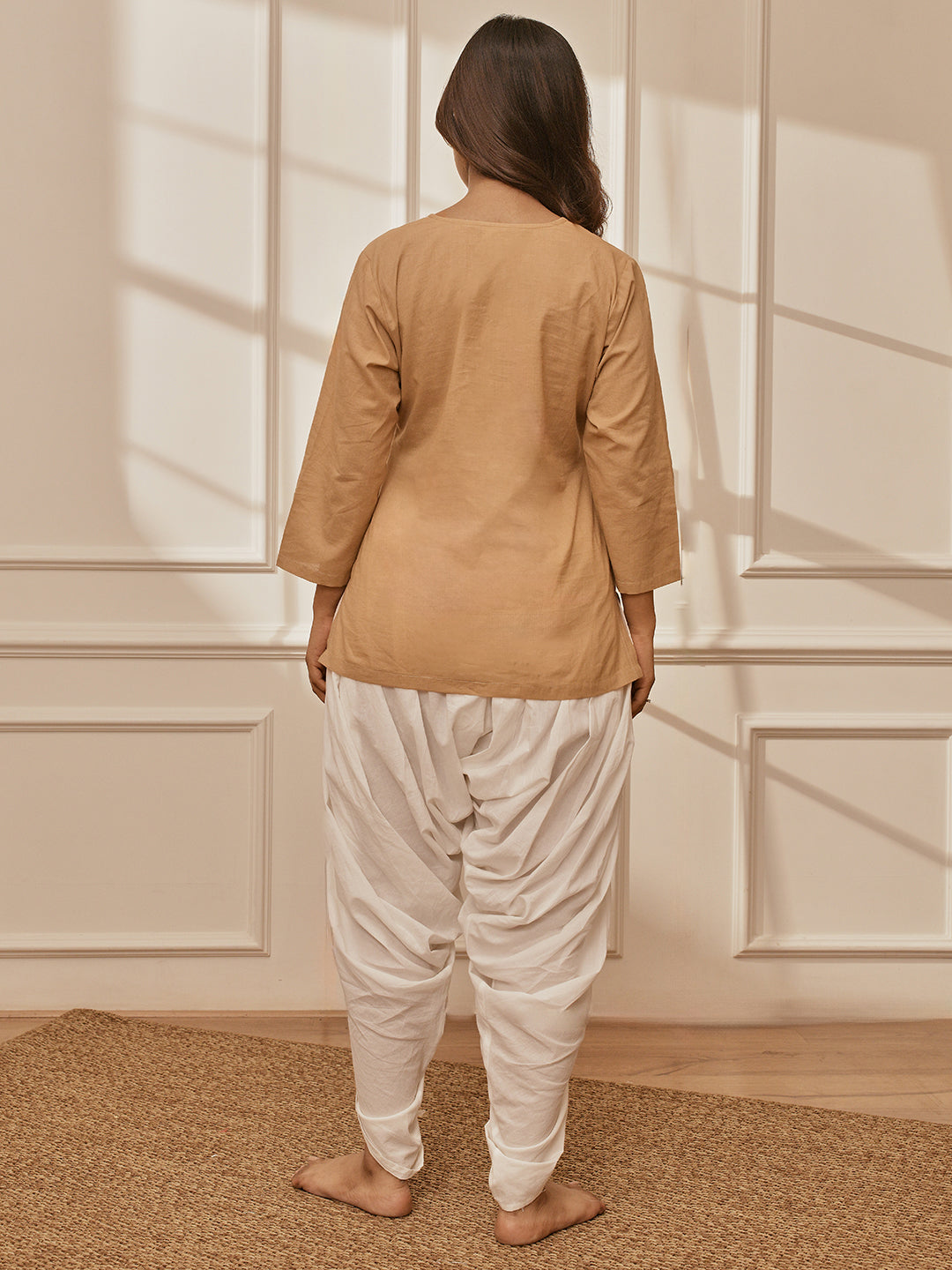 Women's Beige Cambric Cotton Shirt Style Kurta With White Cambric Dhoti Pants Yoga Set
